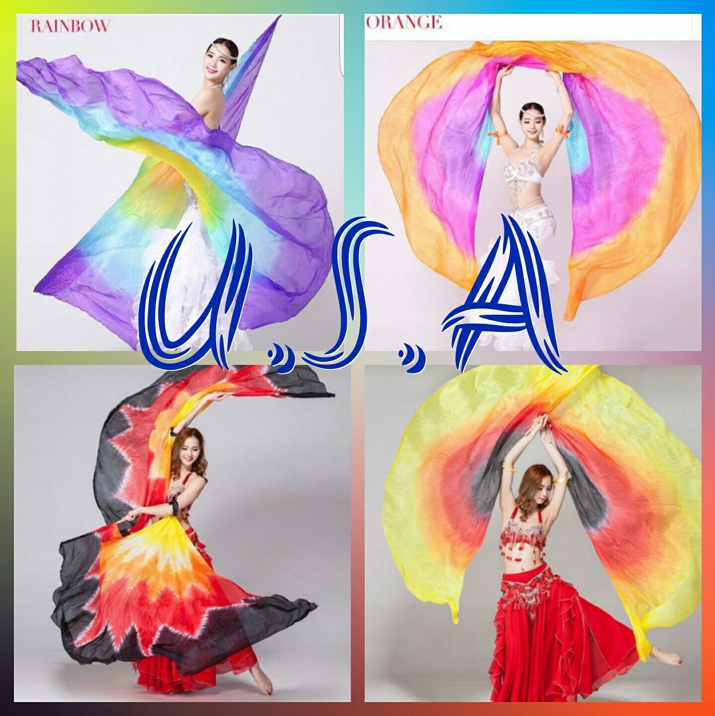 Quick& free Shipping USA. 2 wings+2 sticks+Bag Isis Wings Belly Dance,100% Silk 